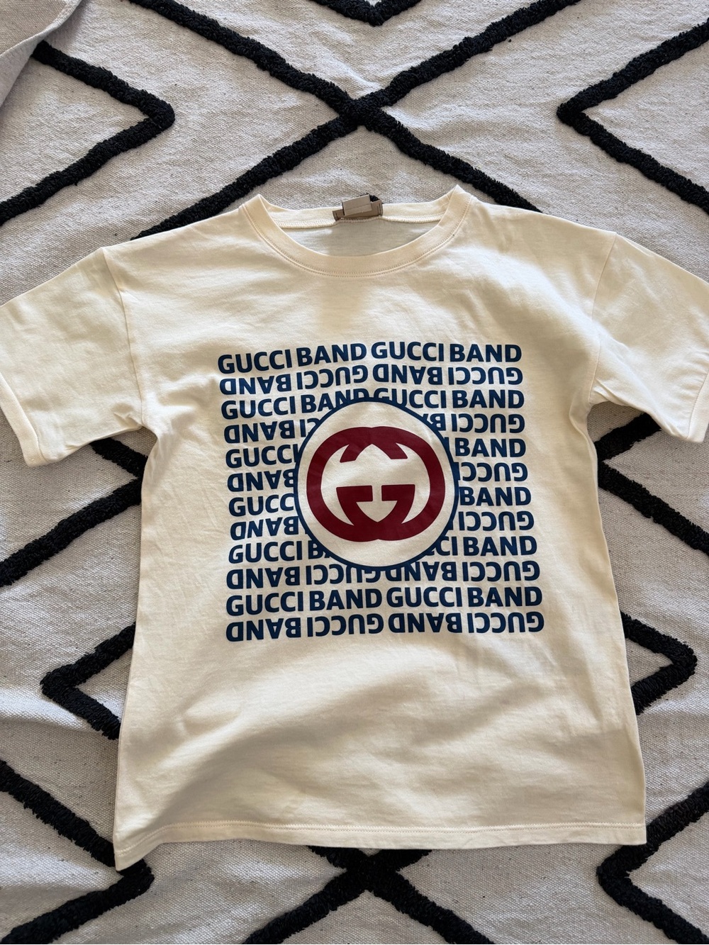 Gucci Cream Tee with Navy Logo Repeat and Red Emblem
